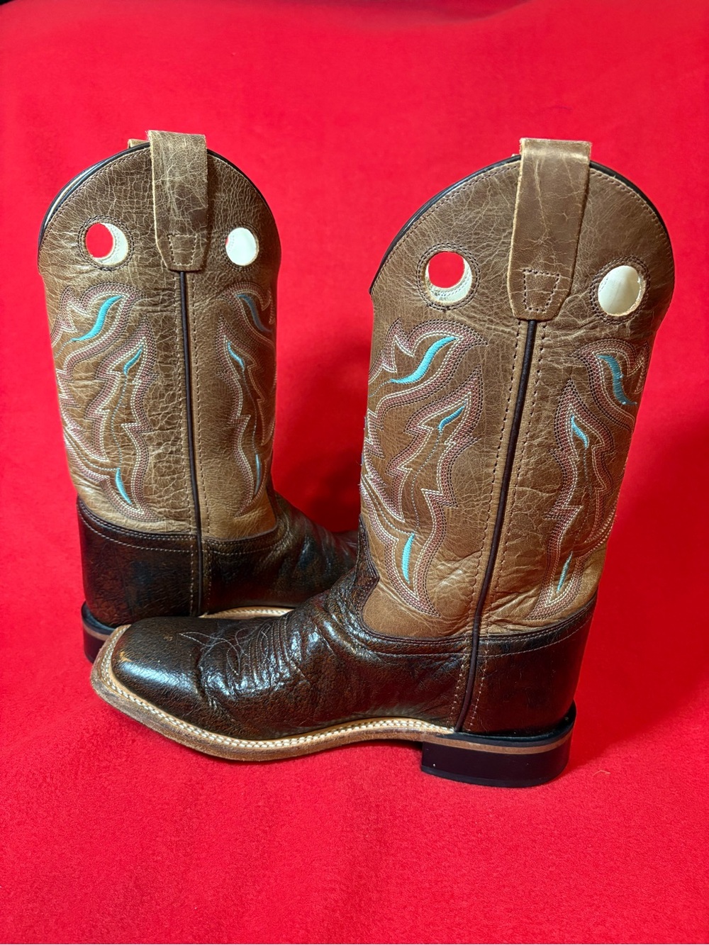 Old West Youth 6D Brown Leather Square Toe Cowboy Boots Blue Stitching - Picture 7 of 13